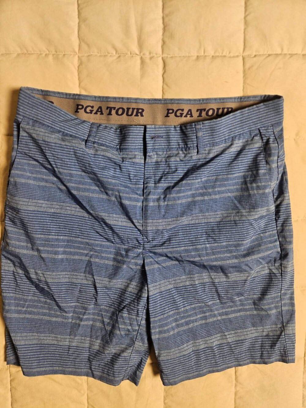 PGA Tour Golf Shorts Mens 32 Blue Striped Elastic Waistband